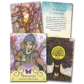 Set of four colorful cards with artistic designs and text on a white background