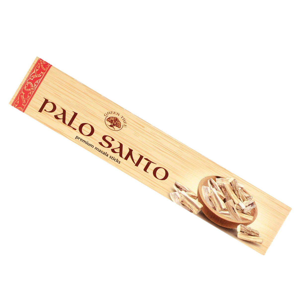 Box of Palo Santo premium masala sticks with branding and product images.