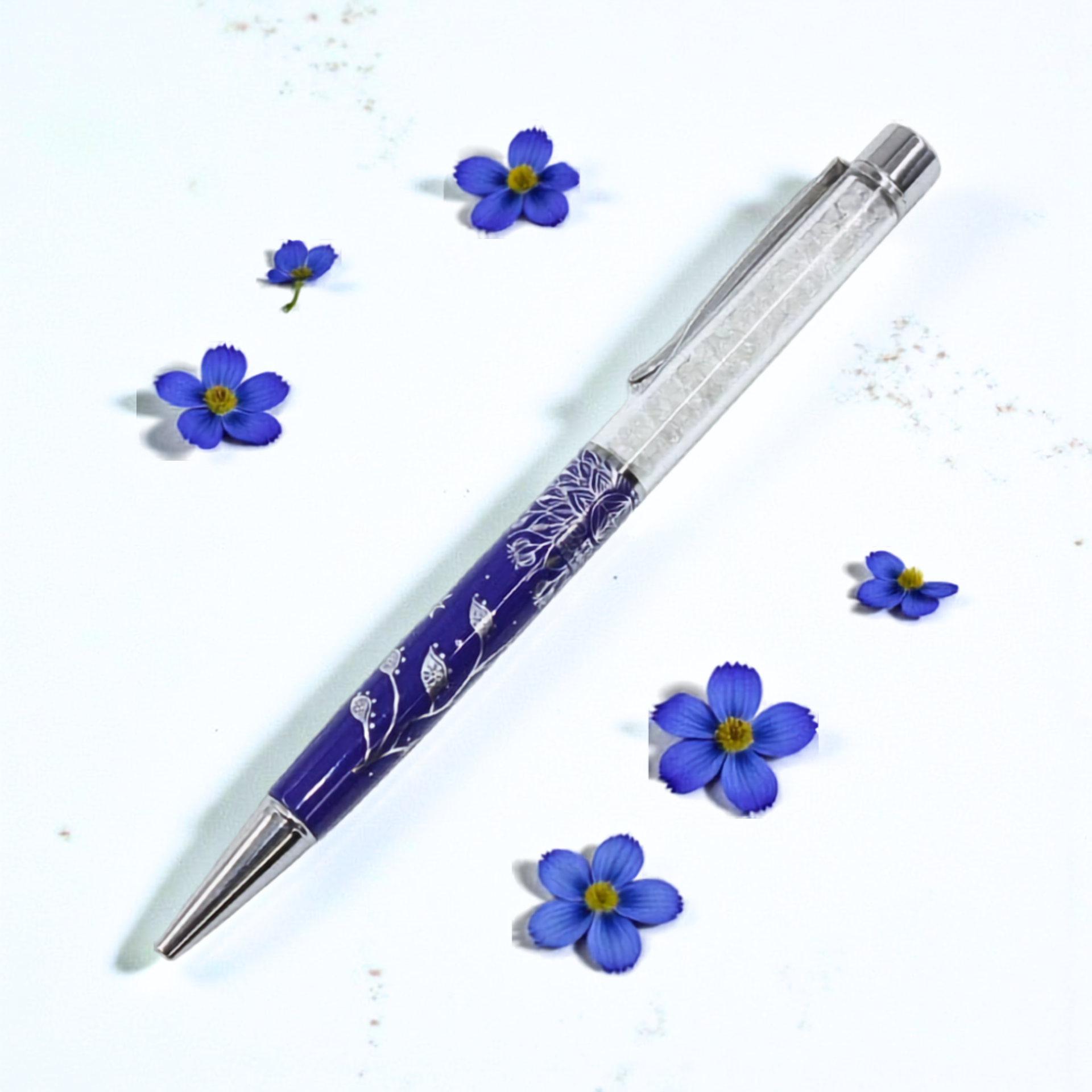 Pen - Lotus Flower Silver on Blue with Clear Quartz Chips