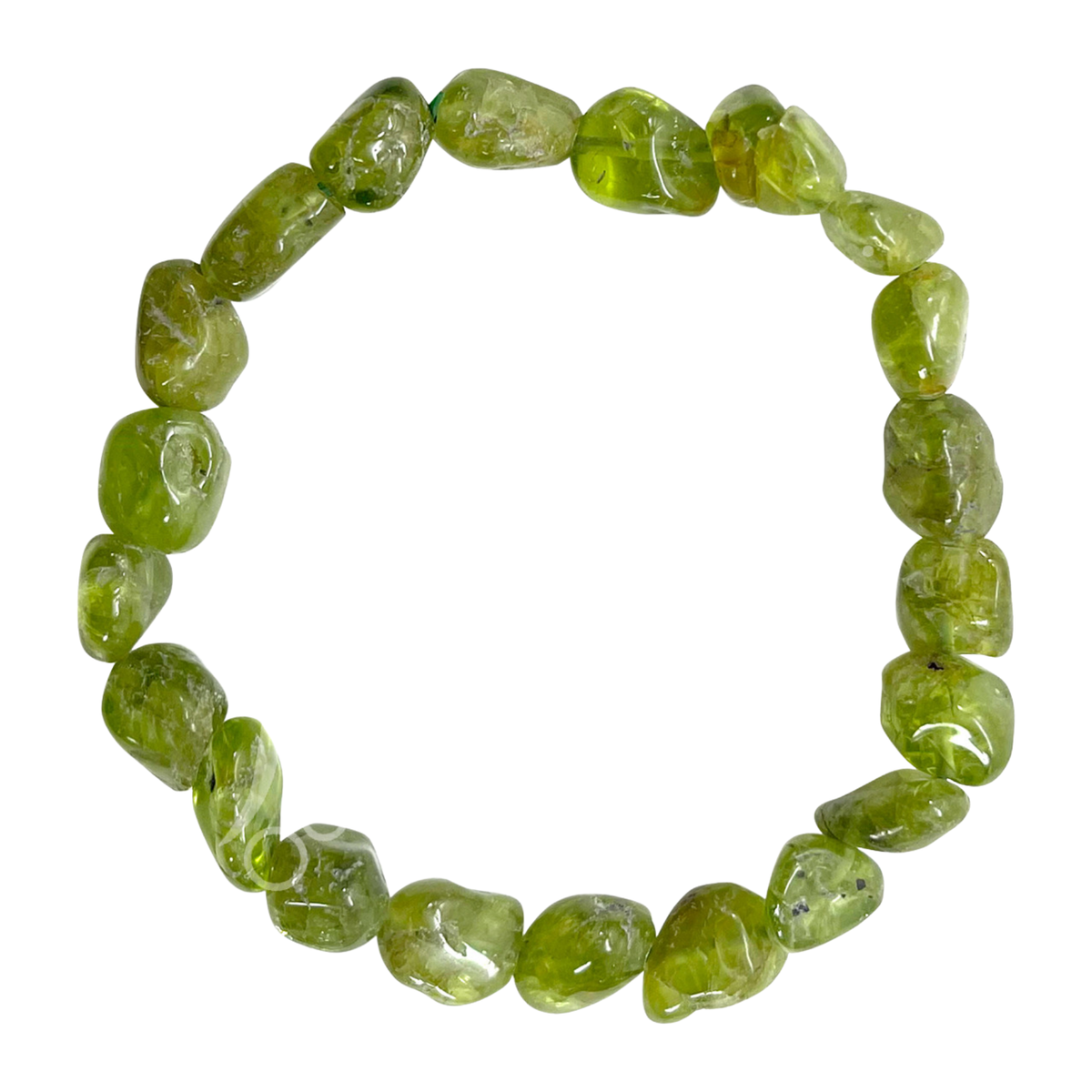 Beaded peridot bracelet with green beads on a white background