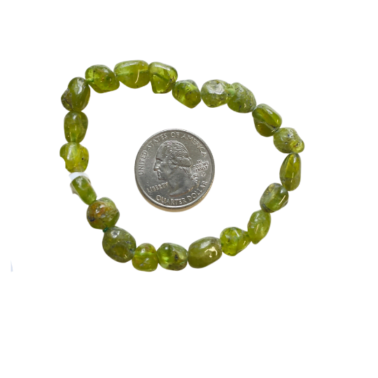 Green beaded peridot bracelet next to a quarter on a white background