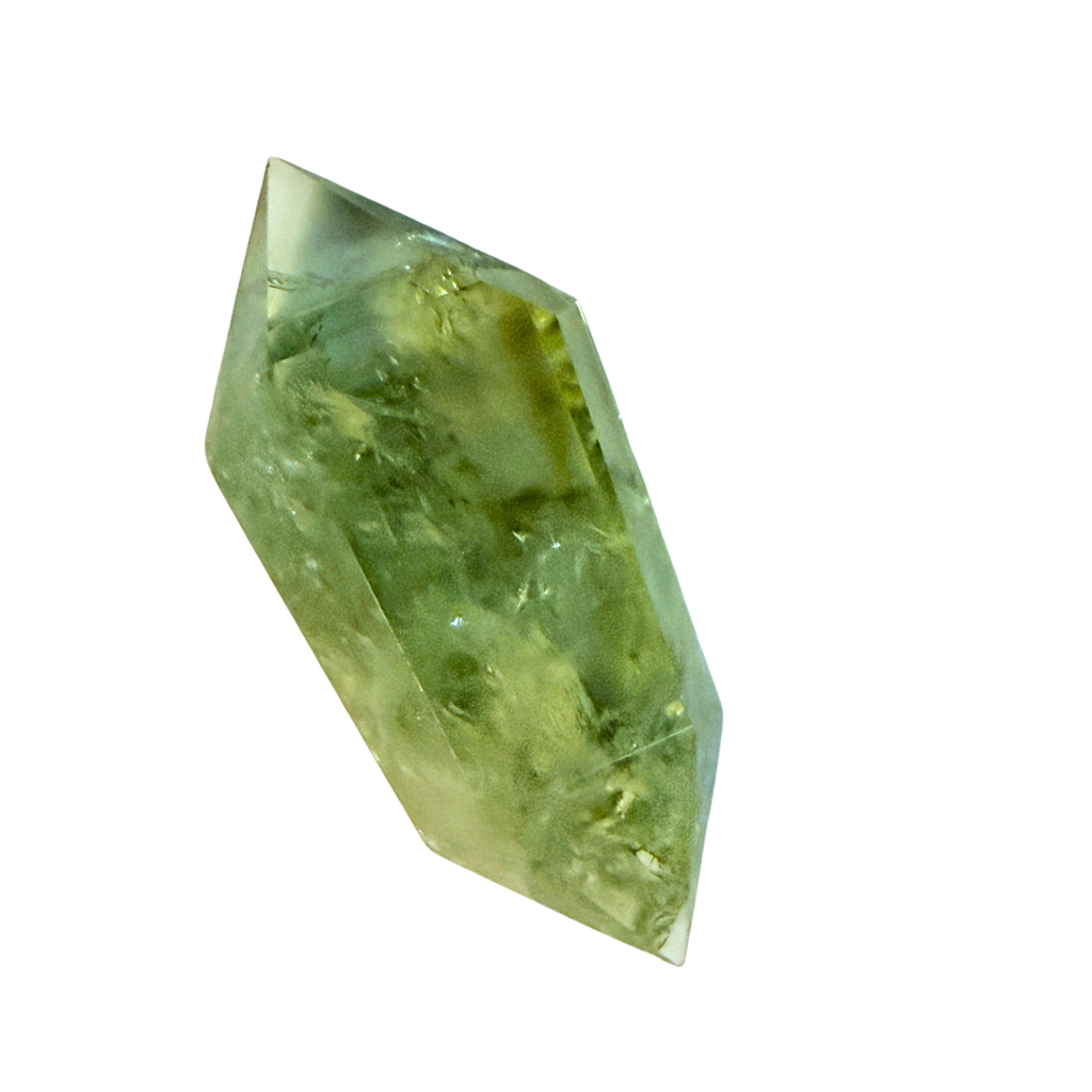 Prasiolite Green Amethyst Double Terminated Point on a white background