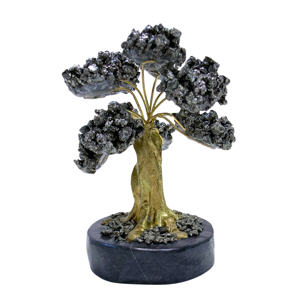 Pyrite Tree on a Black Onyx Base against a white background