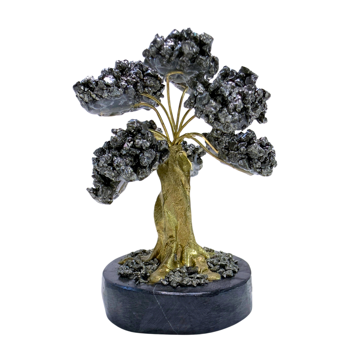 Pyrite Tree on a Black Onyx Base against a white background