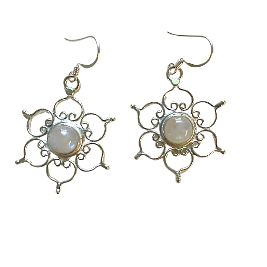 Pair of silver floral earrings with central gemstones on a white background