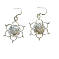 Pair of silver floral earrings with central gemstones on a white background
