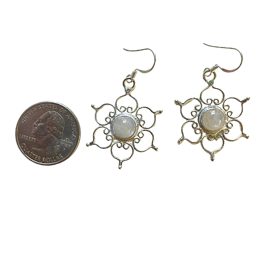 Pair of gold earrings with circular gemstones next to a quarter for scale on a white background