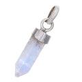 Rainbow Moonstone point pendant in a sterling silver cap setting on a white background