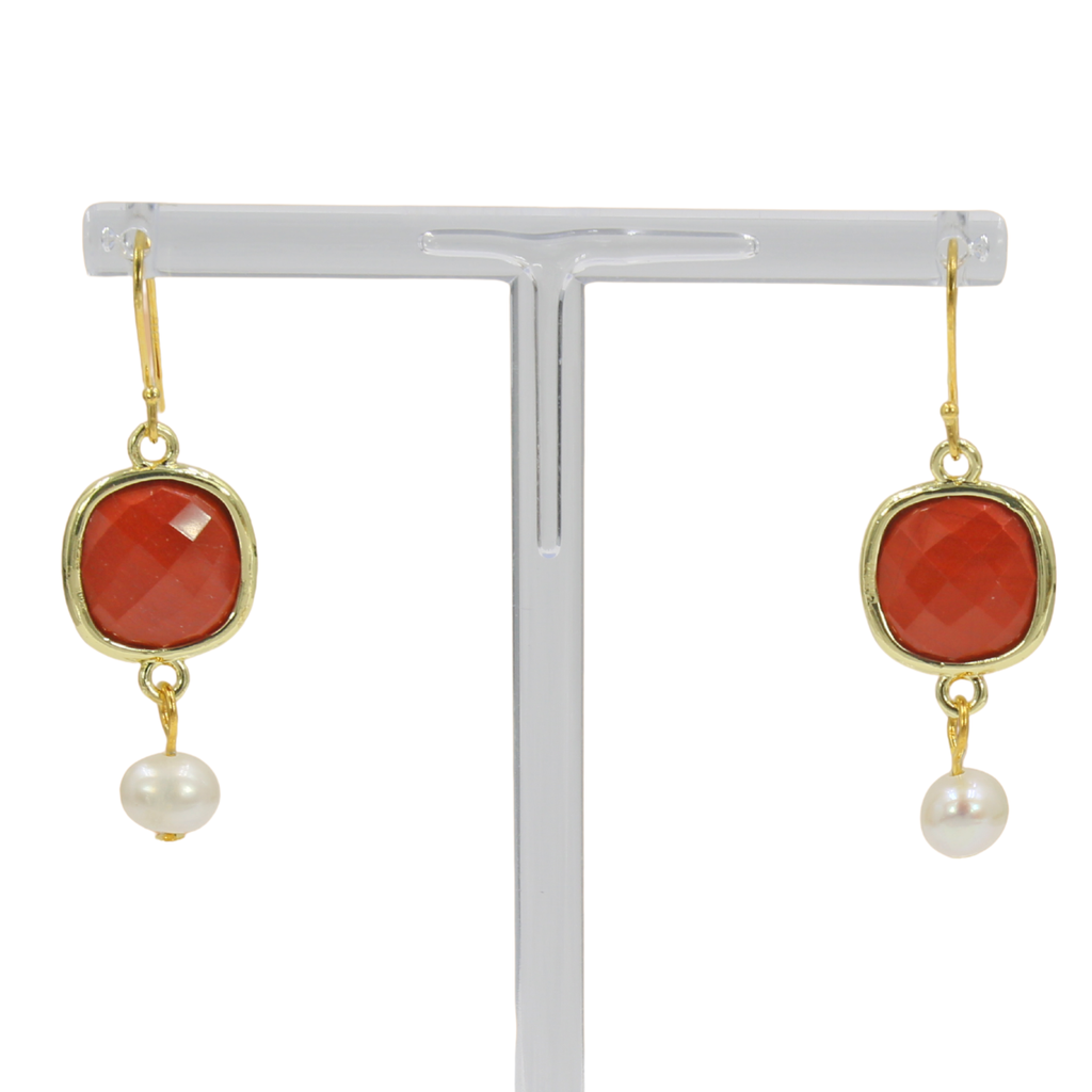 Red Jasper and Pearl Earrings Close Up on a White Background