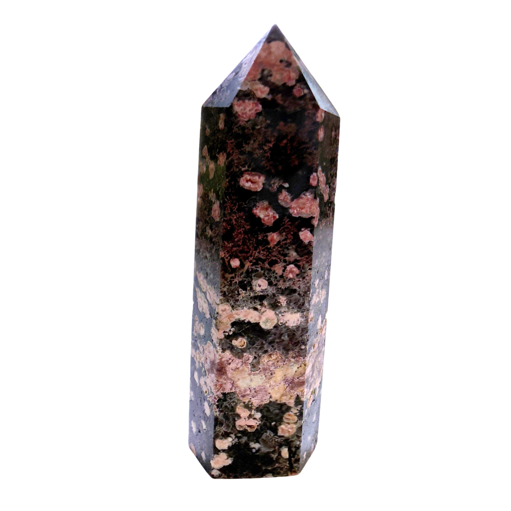 Red Snowflake Obsidian Point on a white background