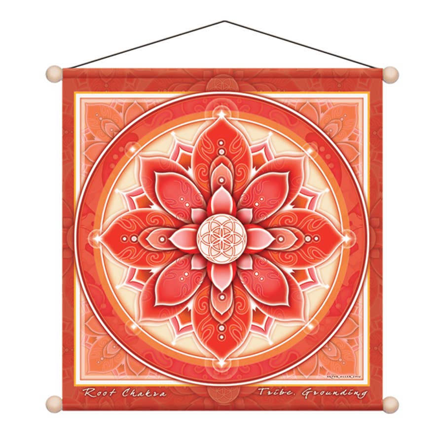 A square hanging wall tapestry featuring a red and orange mandala design with the words 'Root Chakra' and 'Tree Grounding' at the bottom, suspended by a black string from two wooden beads.