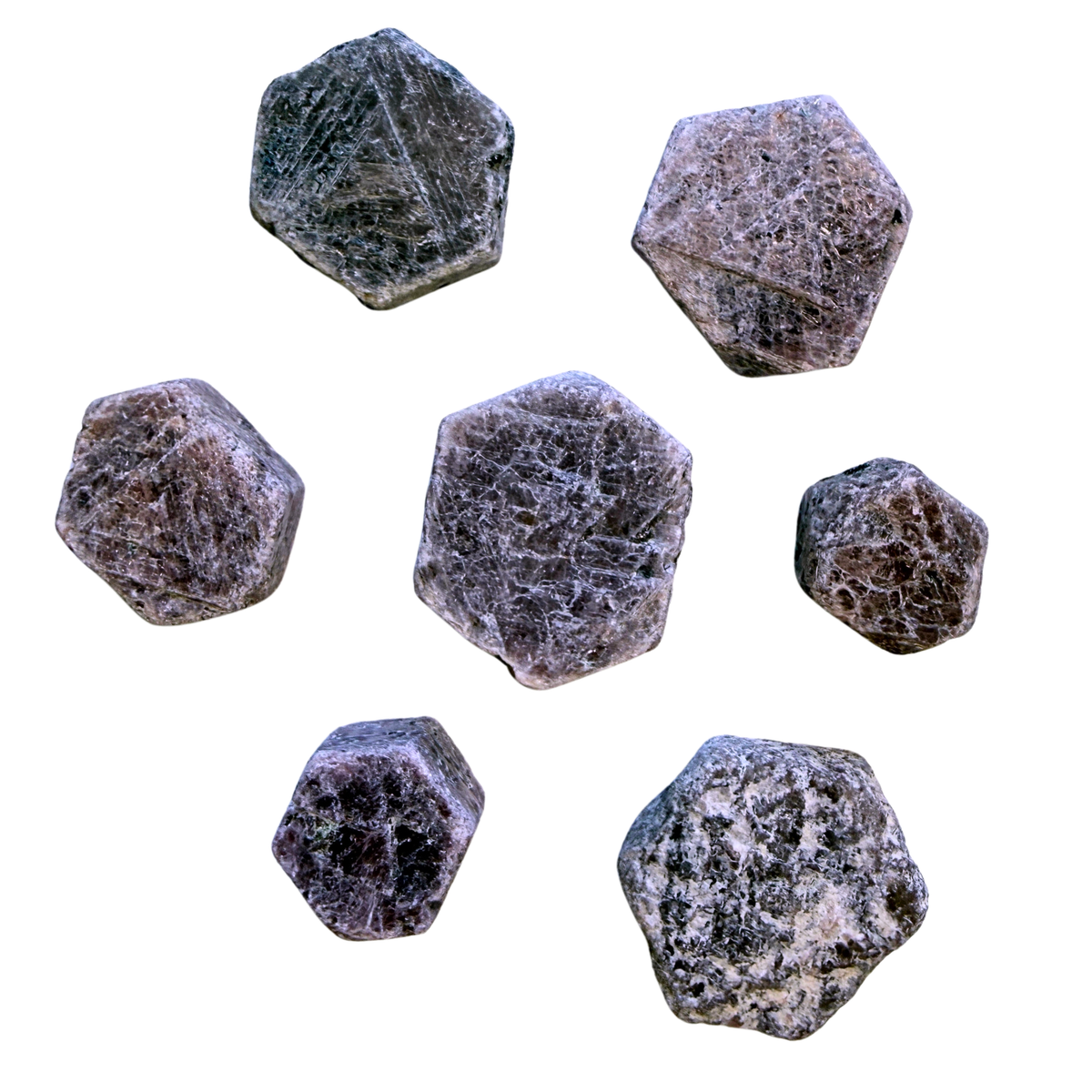 Seven Ruby Hexagon Natural Specimens showing various sizes and colors on a white background.