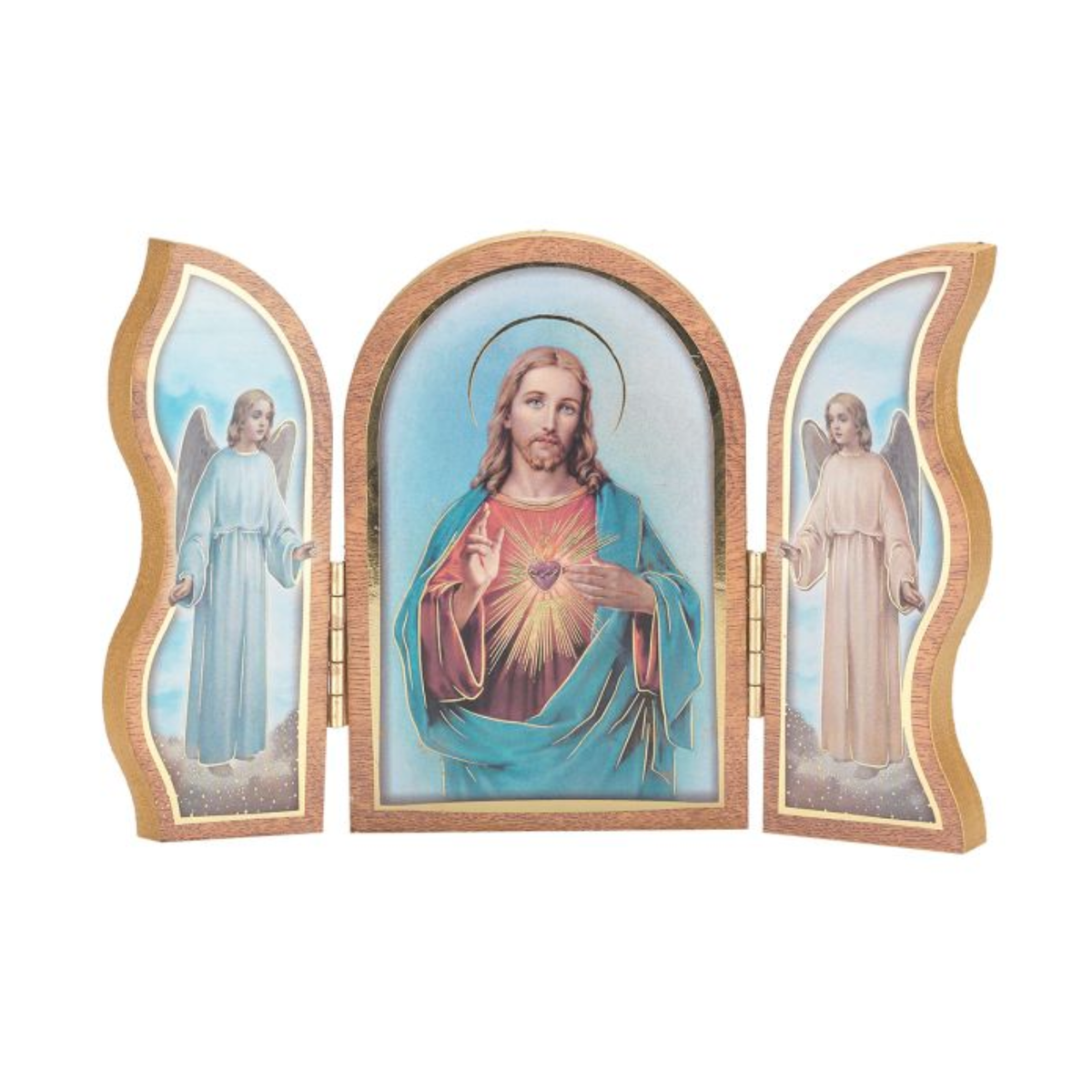 Sacred Heart of Jesus Standing Natural Wood Triptych