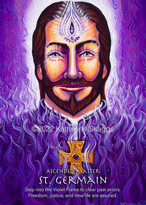 A stylized portrait artwork of St. Germain with a purple and violet background, white halo-like swirls, a gold ornamental cross at the chest, and text reading 'Ascended Master St.