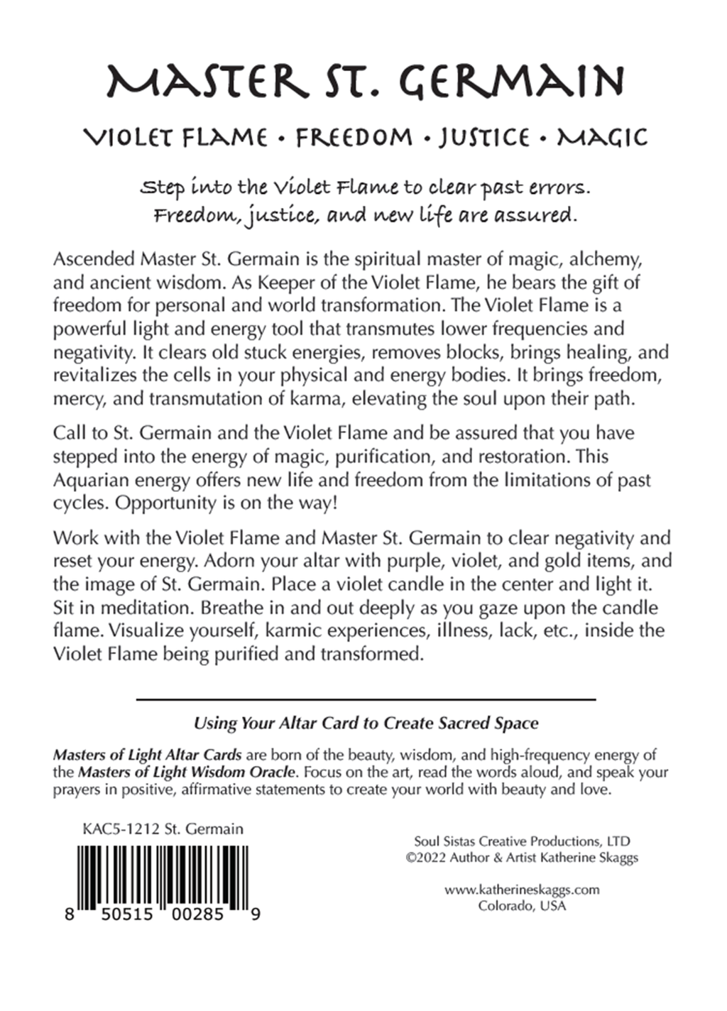 Back cover of a Master St. Germain Violet Flame card altar card booklet, featuring black text on a white background with the title 'MASTER ST.
