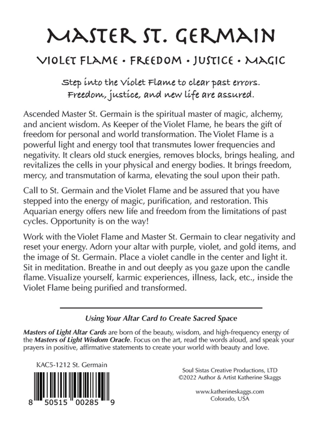 Back cover of a Master St. Germain Violet Flame card altar card booklet, featuring black text on a white background with the title 'MASTER ST.