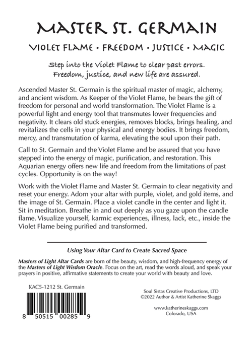 Back cover of a Master St. Germain Violet Flame card altar card booklet, featuring black text on a white background with the title 'MASTER ST.