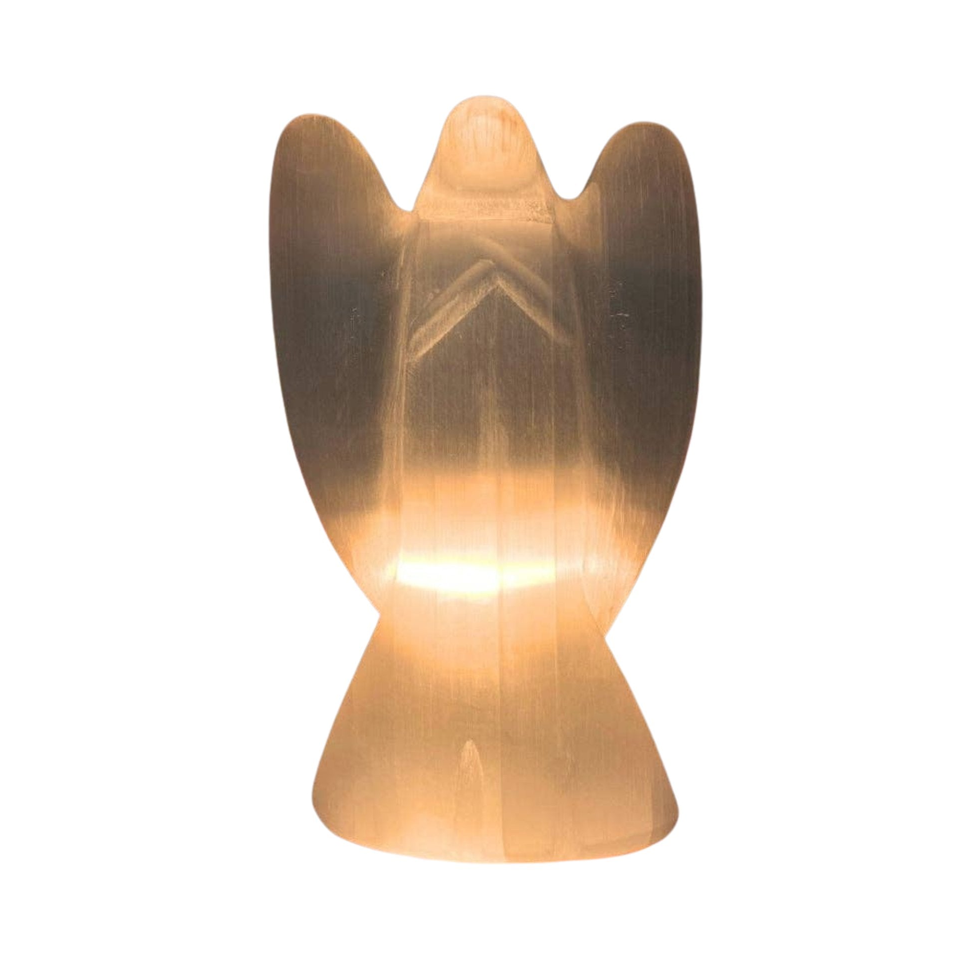 A selenite angel-shaped lamp with a lit interior, centered on a plain white background.