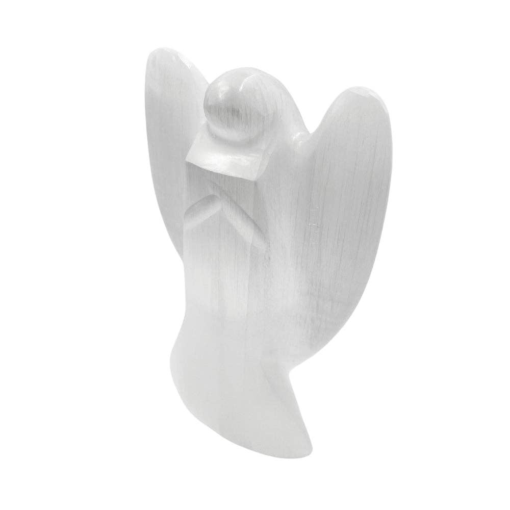 A small selenite angel lamp with outstretched wings, shown against a plain white background.