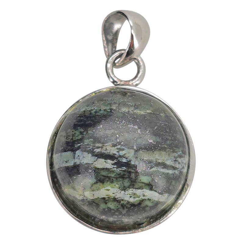 A round pendant featuring seraphinite, set in a polished sterling silver bezel with a matching bail, shown on a plain white background.