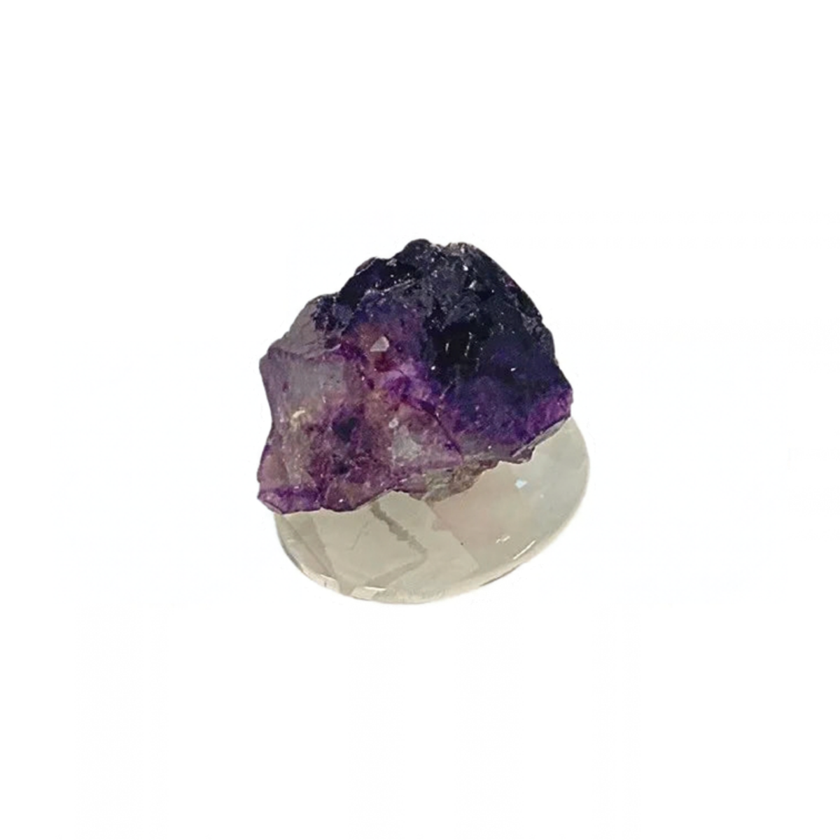 Small Purple Fluorite Cluster on a Glass Stand on a white background