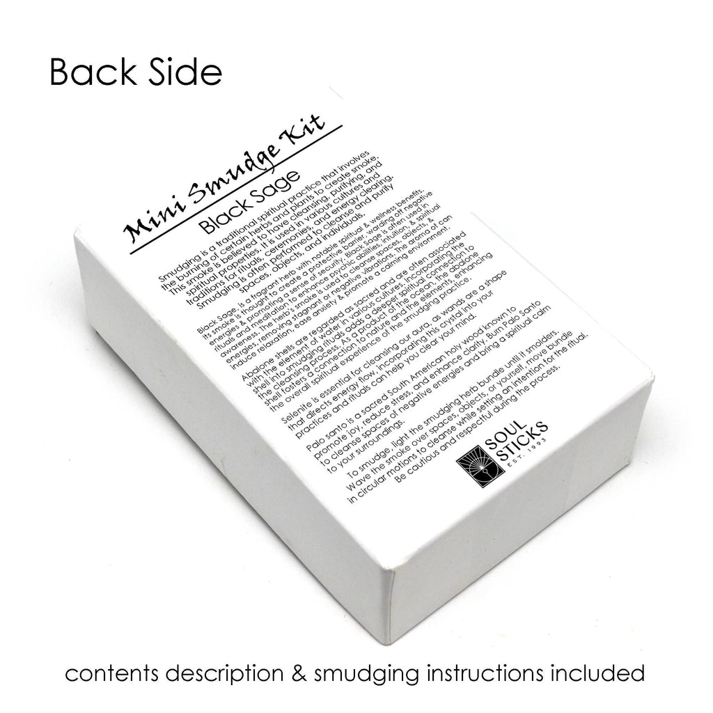 Back side of a white box with black text containing contents description and smudging instructions, featuring the brand 'Soul Sticks'.