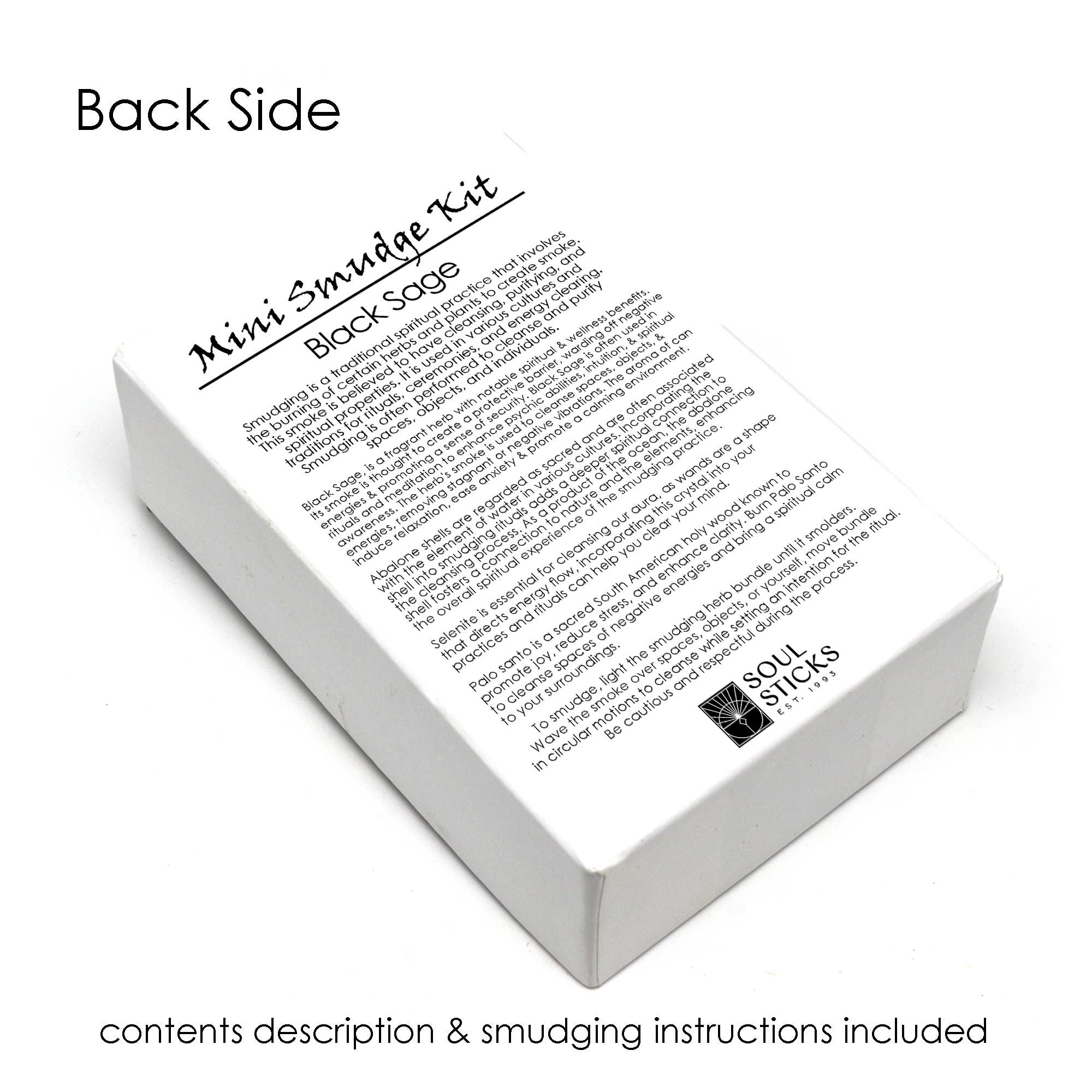 Back side of a white box with black text containing contents description and smudging instructions, featuring the brand 'Soul Sticks'.