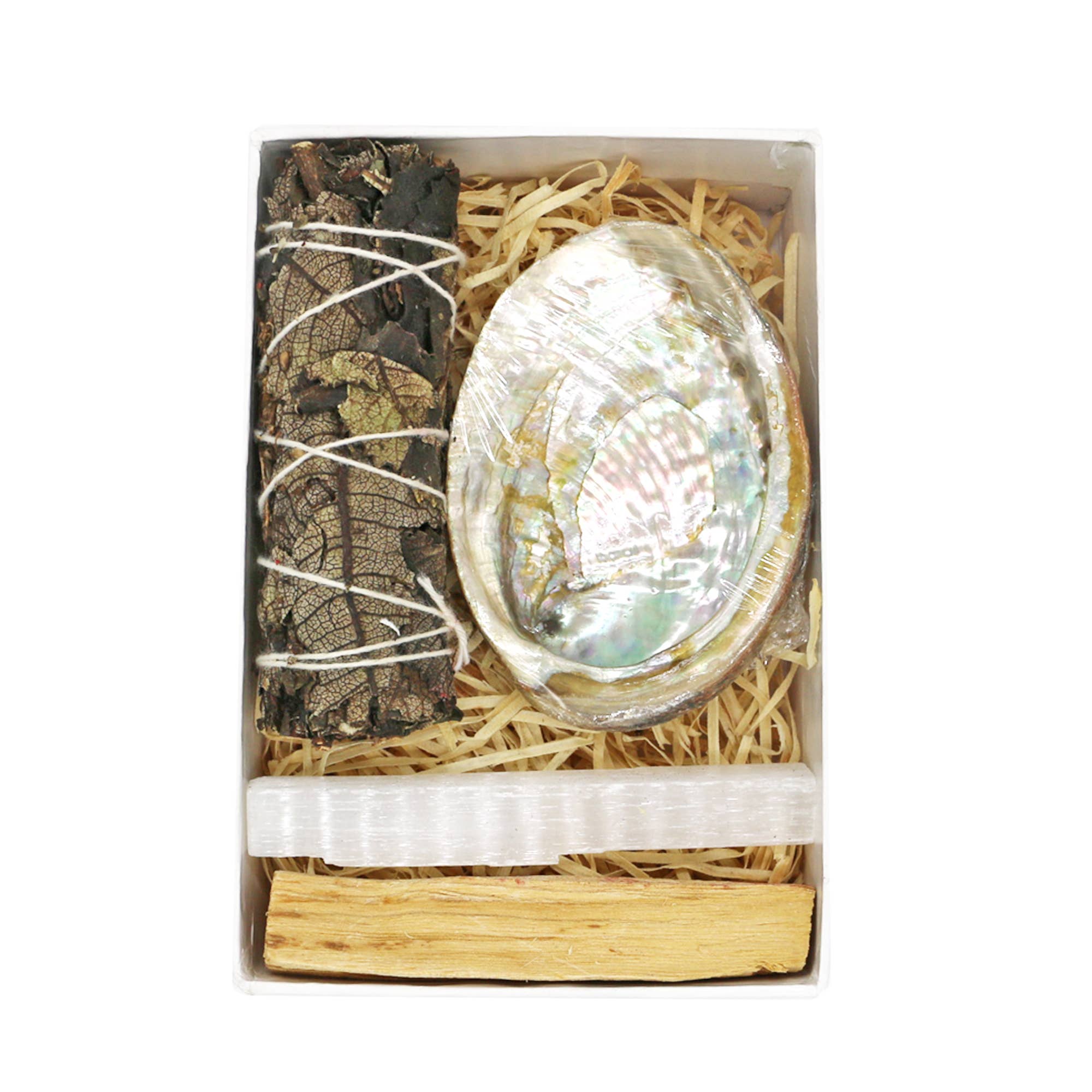Smudging Kit with Black Sage, Abalone Shell, Palo Santo, and Selenite