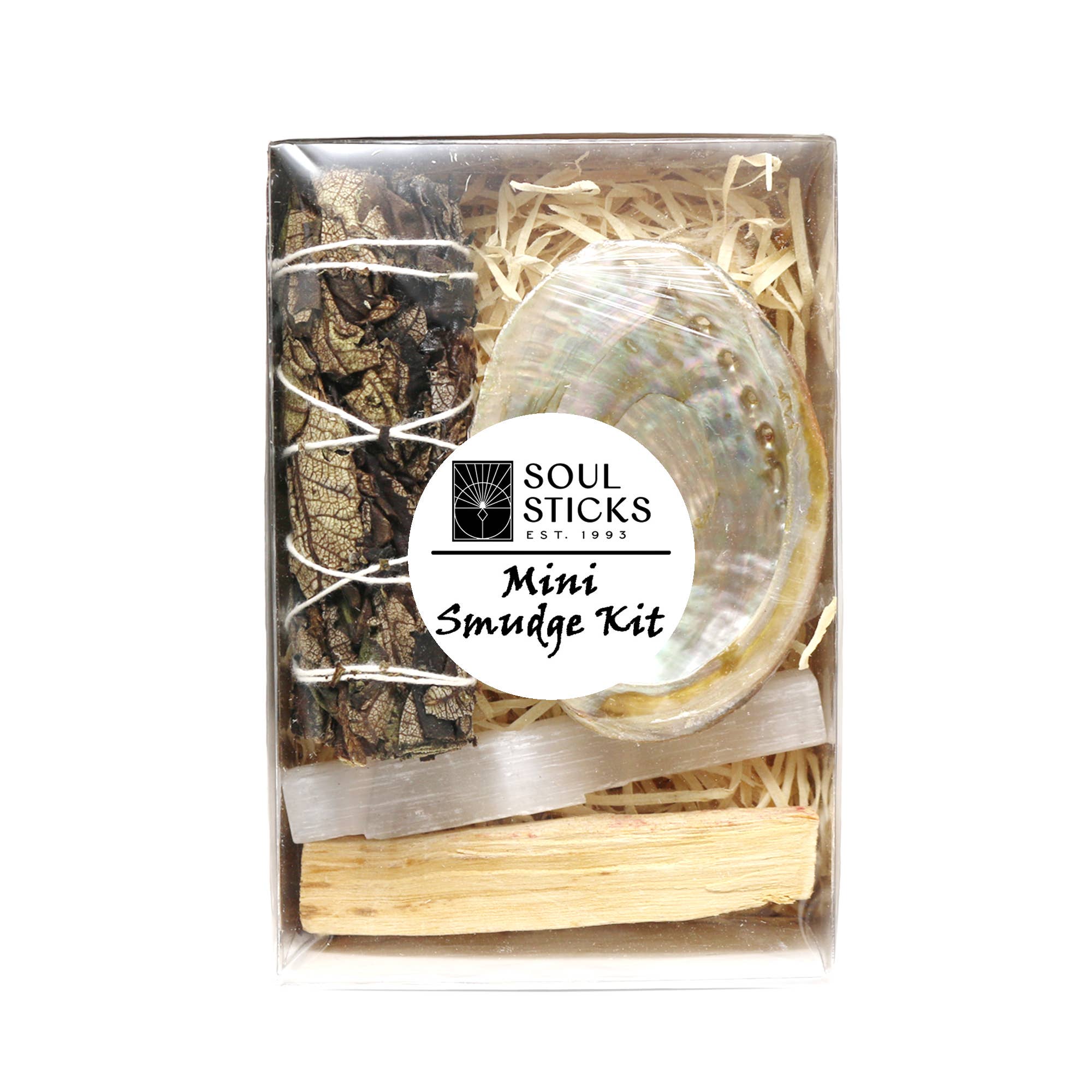 Soul Sticks Mini Smudge Kit packaging with abalone shell, black sage, Palo Santo, and a Selenite stick on a white background