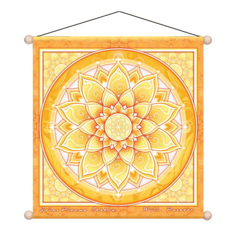 A square hanging wall art piece featuring a large yellow and orange mandala design with a central geometric flower motif. The artwork has a decorative border, a hanging cord, and round finials at the corners, shown on a plain white background.