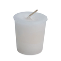 A translucent white wax candle in a tapered cup shape with a single wooden wick, shown against a plain white background.