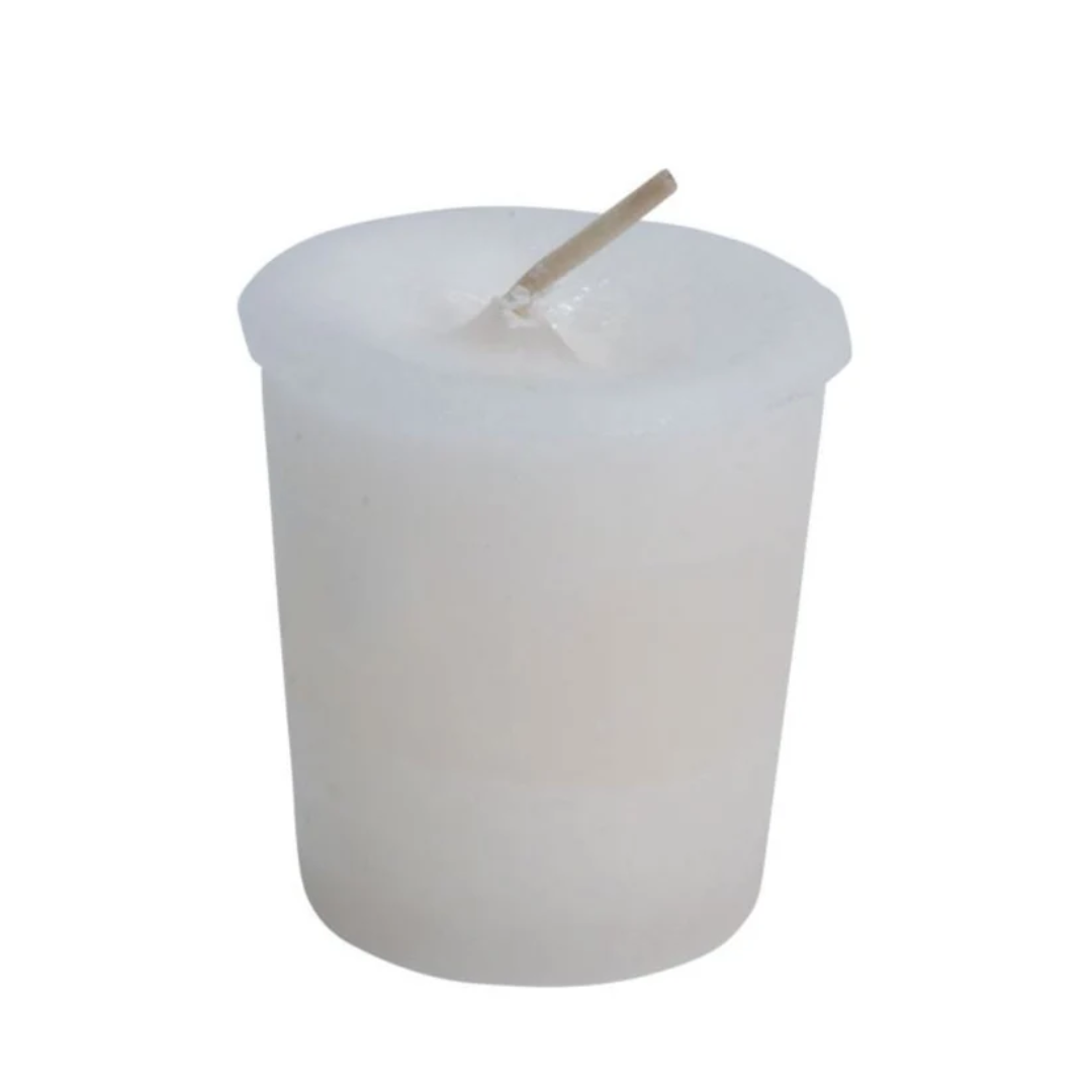 A translucent white wax candle in a tapered cup shape with a single wooden wick, shown against a plain white background.