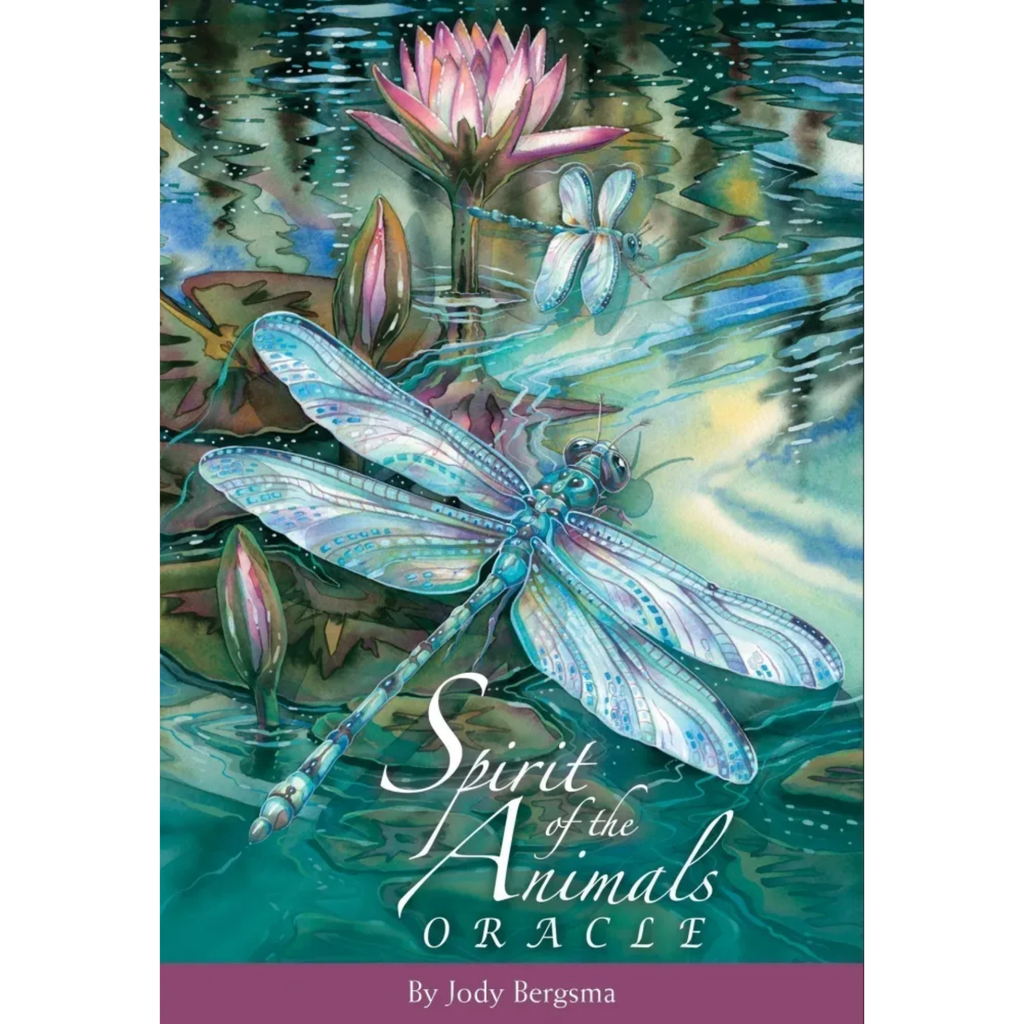 Book cover of 'Spirit of the Animals Oracle' with a dragonfly and water lily design.