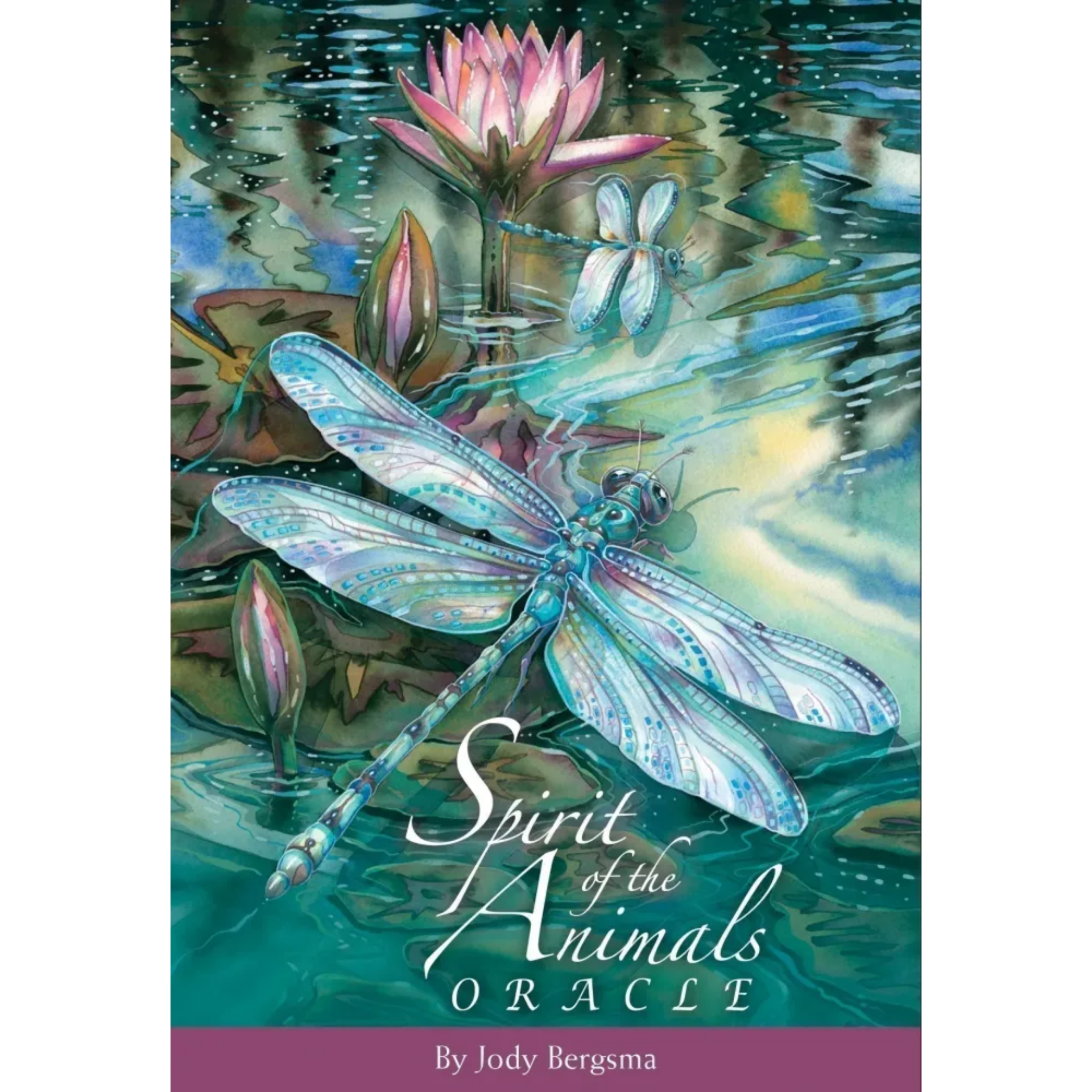 Book cover of 'Spirit of the Animals Oracle' with a dragonfly and water lily design.