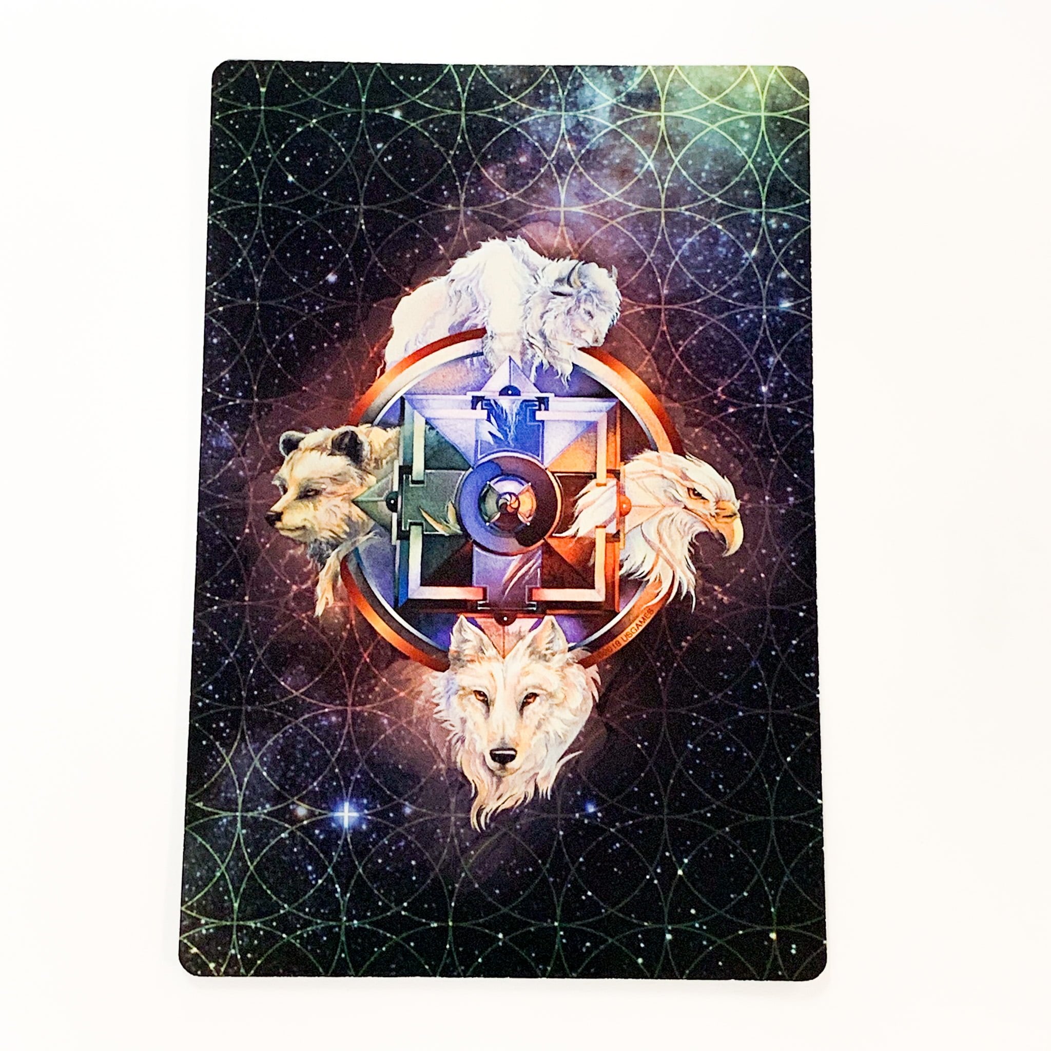 Futuristic design with wolves and abstract elements on a cosmic background