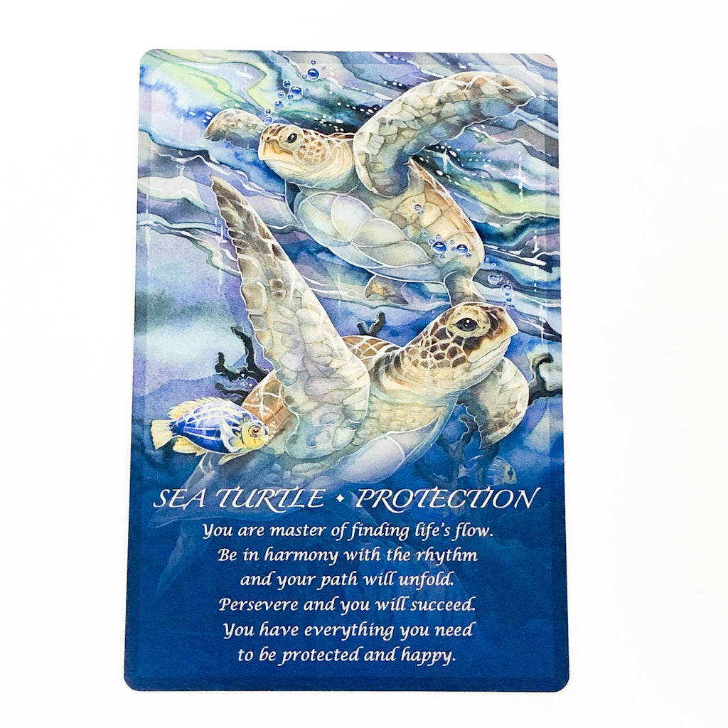 Card with sea turtle illustration and motivational text on a blue background