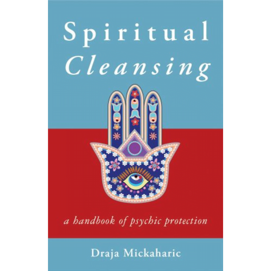 Book cover of 'Spiritual Cleansing' with a colorful Hamsa hand design on a blue and red background.