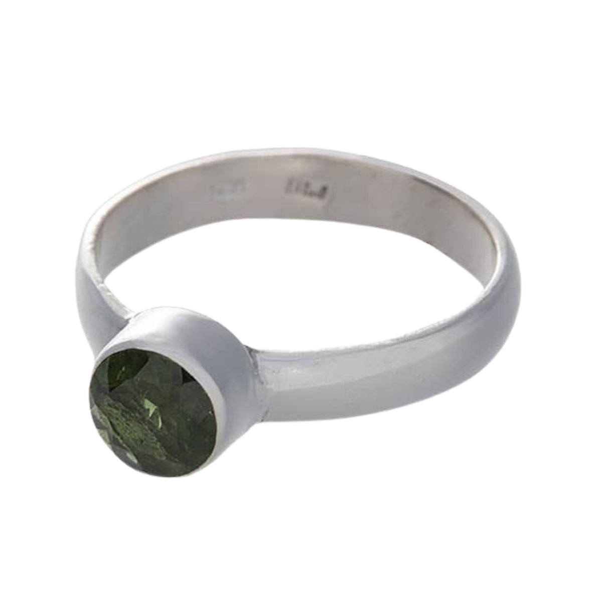 Sterling silver ring with green Moldavite on a white background