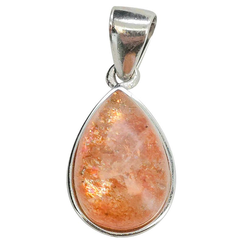 A teardrop-shaped pendant featuring a Sunstone, set in a sterling silver bezel with a matching silver bail, shown against a plain white background.