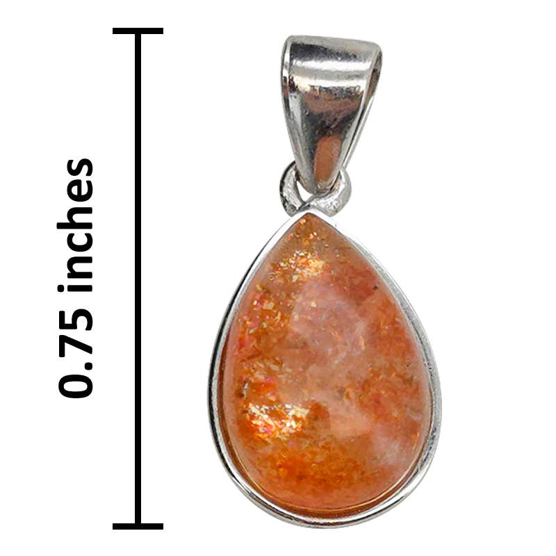 A teardrop-shaped pendant with a sterling silver bezel and bail, featuring a Sunstone. A vertical black measurement line on the left indicates a height of 0.