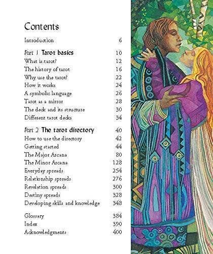 Table of contents for a tarot guide with colorful illustration of two people embracing.