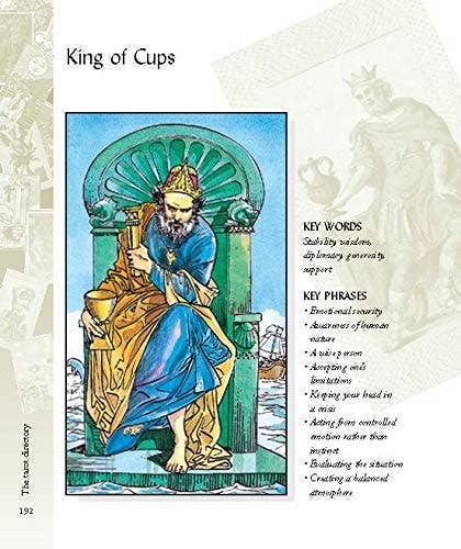Tarot card featuring the 'King of Cups' with descriptive text on a decorative background.