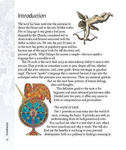 Book page with tarot card illustrations and introductory text on a white background