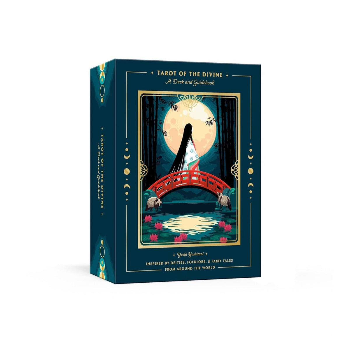 The Tarot of the Divine deck and guidebook box, featuring a dark teal cover with an illustration of a red bridge, lotus pond, and full moon.