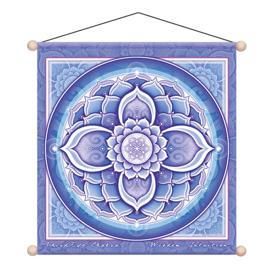 A square hanging wall tapestry featuring a detailed blue and white mandala design with a central geometric symbol. The tapestry has a purple border, decorative floral patterns, and wooden finials at the corners, suspended by a black string against a plain white background.
