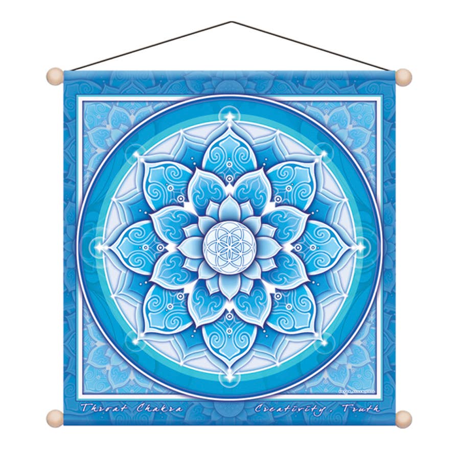 A square hanging wall tapestry featuring a detailed blue and white mandala design with a central geometric symbol. The tapestry is suspended by a black cord from two wooden wall mounts with light beige balls, shown against a plain white background.