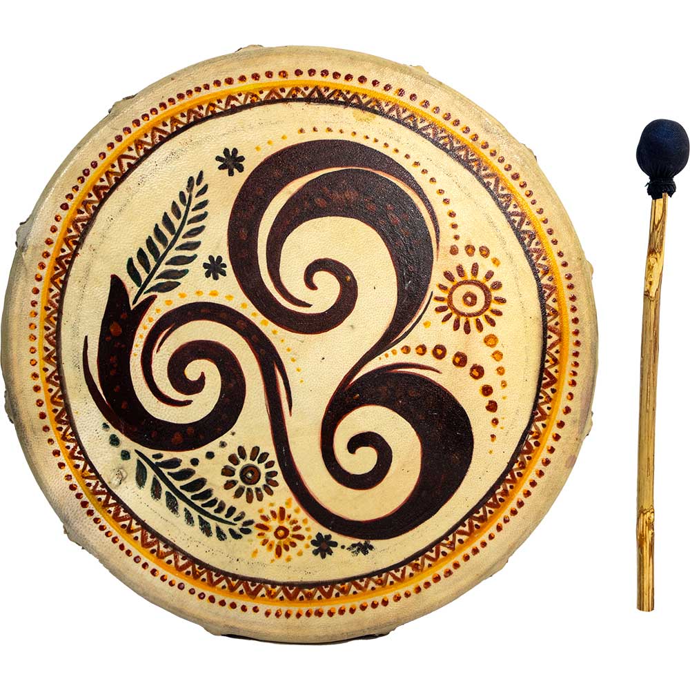 A handcrafted circular drum with a beige skin head, decorated with a large dark brown triskelion symbol, green leaves, and orange and yellow floral patterns, shown next to a wooden mallet with a black wrapped head on a white background.