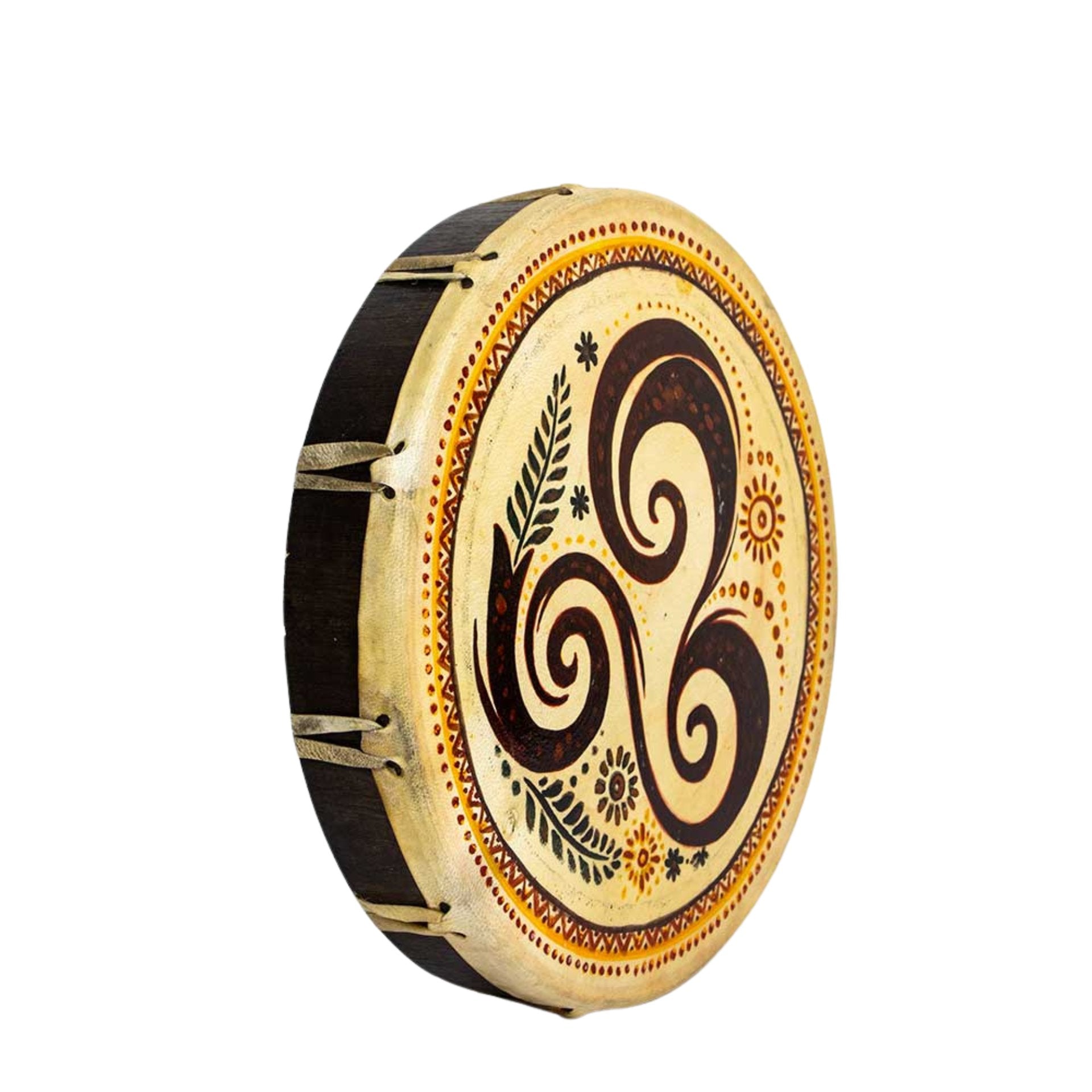 A handcrafted circular drum with a natural beige skin head, decorated with a dark brown and black three-spoke motif and orange decorative borders, shown on a plain white background.