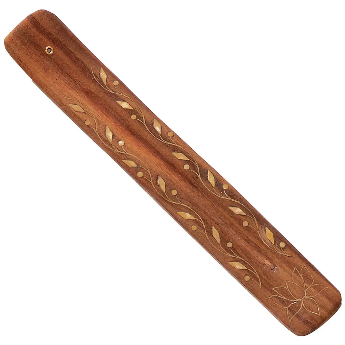 Wooden incense holder with brass inlaid vines, leaves, and a lotus on a white background.