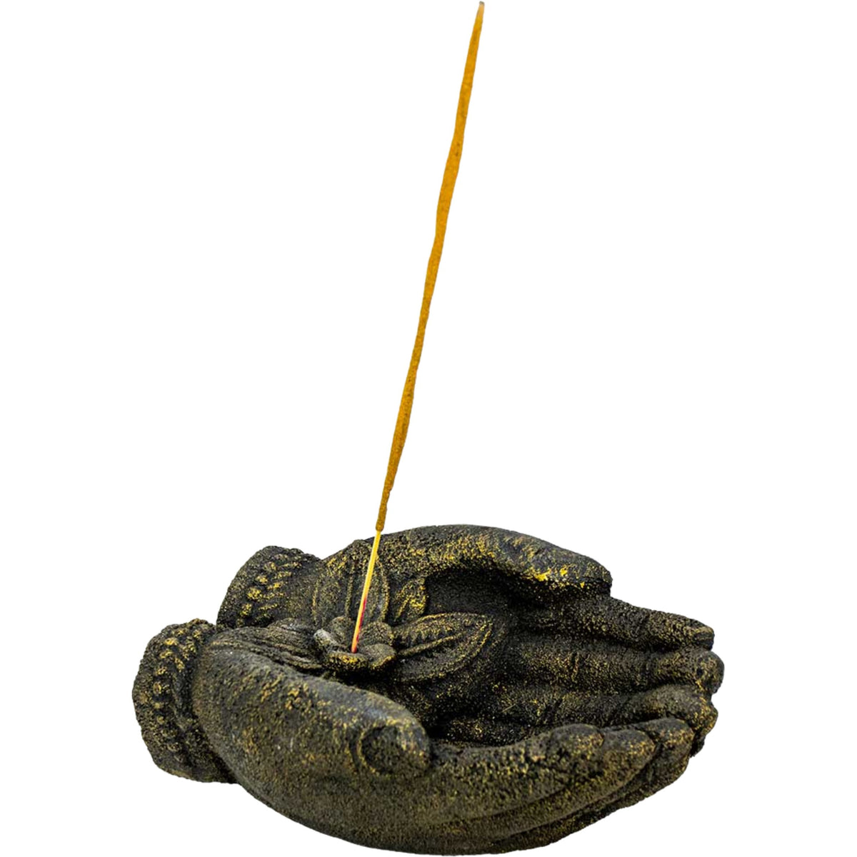 A dark textured sculpture of two hands holding a thin gold incense stick, set against a solid white background.